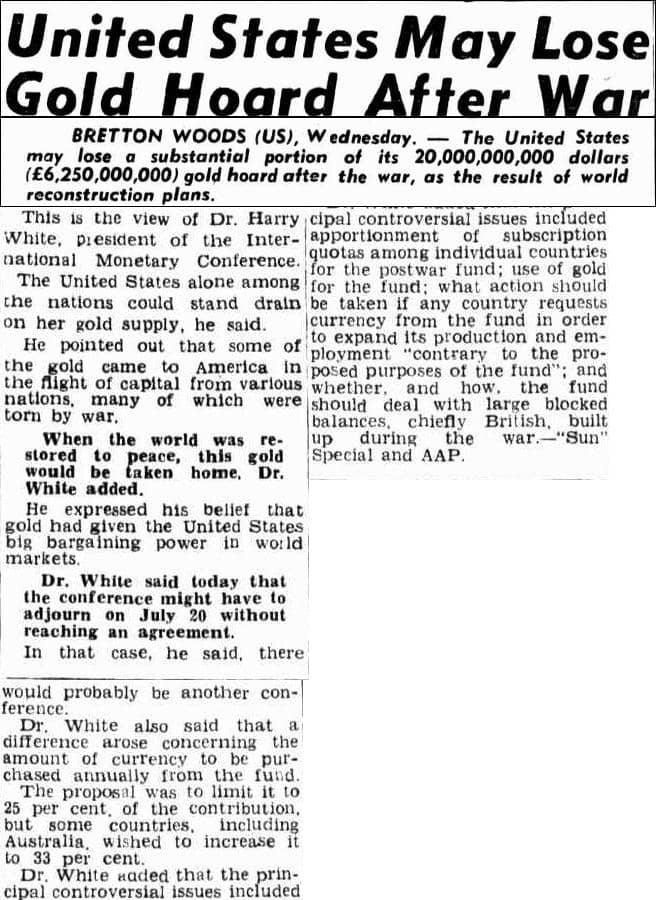 United States May Lose Gold Hoard After War (1944, July 6). The Sun