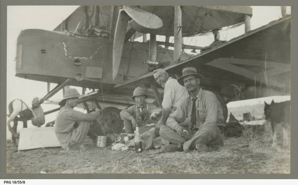 Vickers Vimy and crew at Cobbs Creek - PRG-18-55-8 - https://www.catalog.slsa.sa.gov.au:443/record=b3199348~S1  Vickers Vimy crew with W. Peacock and Sergeant Shetton of the Police, enjoying lunch at Cobbs Creek, Northern Territory, 14 December 1919.