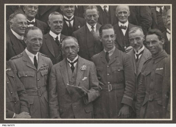 https://www.catalog.slsa.sa.gov.au:443/record=b3197952~S1  Group photograph featuring the Vickers Vimy crew meeting Prime Minister W.M. Hughes. Left to right: Ross Smith, Prime Minister William Morris Hughes, Keith Smith, Andrew Smith, Walter Shiers.