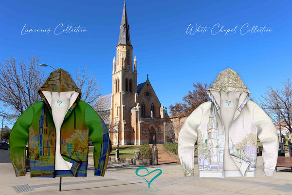 Luminous Collection FLEECE HOODIE - WHITE CHAPEL COLLECTION FROM LIVING ART LIFESTYLE DESIGN BASED ON THE CATHOLIC CHURCH MUDGEE - WINTER FASHION Catholic Church Black and White Drawing Design Designer Fashion Fleece