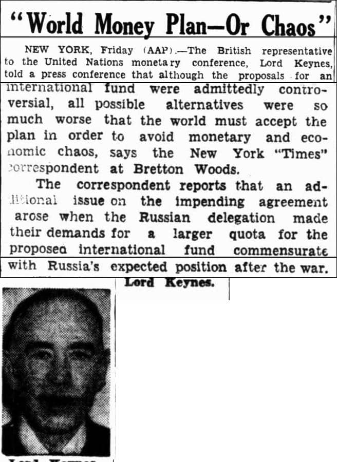 Newspaper article - World Money Plan—Or Chaos - 1944, July 8