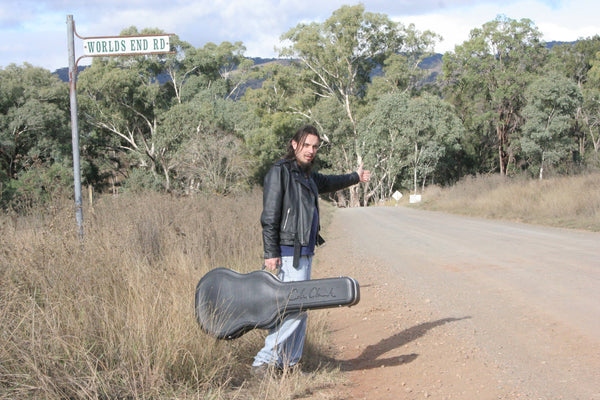 Musician Kieran Wicks Hunter & King Album Cover, Hitchhiking with cole clark guitar Worlds End Road Lake Barrendong Mudgee