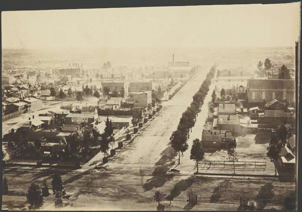 Myers Street from St. Paul's Church tower with St. Andrew's Church, Bendigo, Victoria, ca. 1872