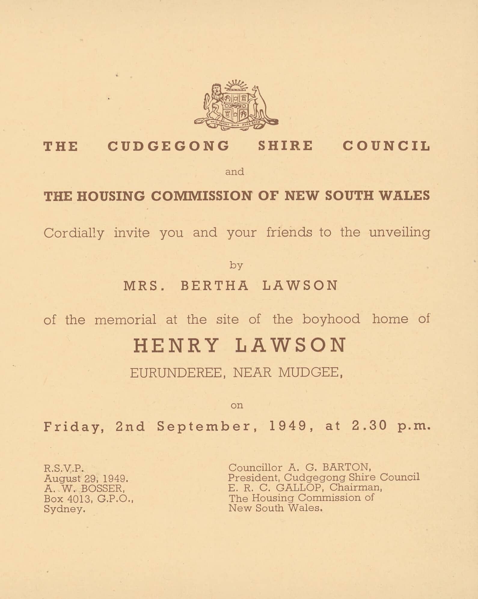 (Lawson Memorial Opening Ceremony Invitation, 1949) - HENRY LAWSON LOUISA LAWSON - MUDGEE GULGONG EURUNDEREE 