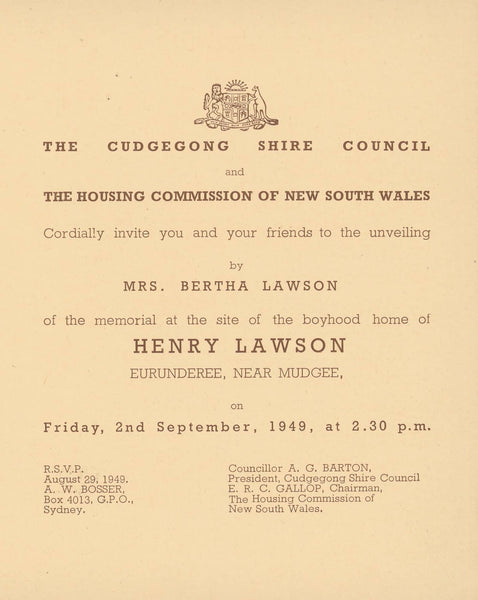 (Lawson Memorial Opening Ceremony Invitation, 1949) - HENRY LAWSON LOUISA LAWSON - MUDGEE GULGONG EURUNDEREE 