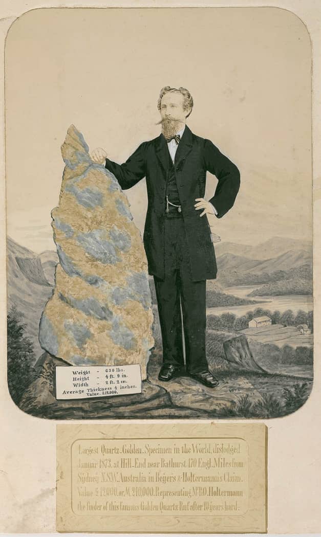  Sketch of Bernard Otto Holtermann with the world's largest "nugget" of gold, cs 1873-1879 Mitchell Library, State Library of New South Wales