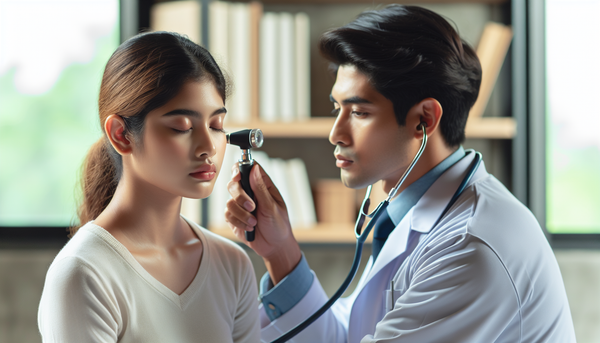 Illustration of a medical professional performing an otoscope exam
