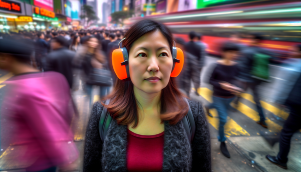 Photo of a person wearing earplugs in a noisy environment