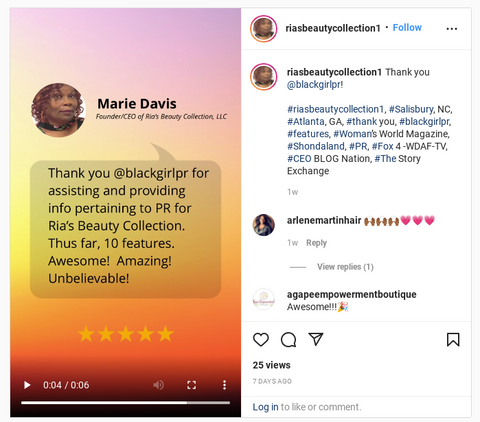 Ria's Beauty Collection Black Girl PR Testimonial