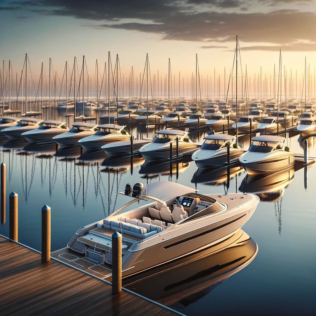 A serene marina with electric boats docked, highlighting the quiet environment