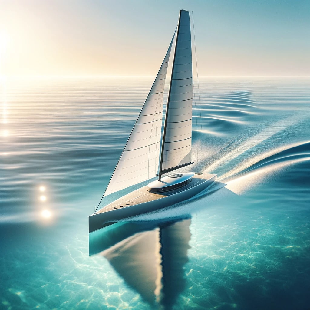A sleek electric-powered sailboat gliding on the water
