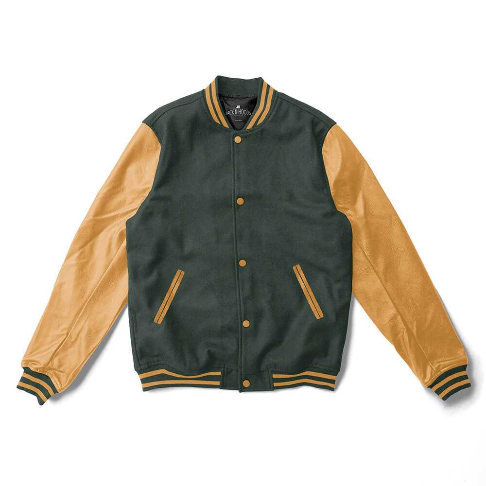 Forest Green Varsity Jacket Gold Leather Sleeves With Gold Stripes ...