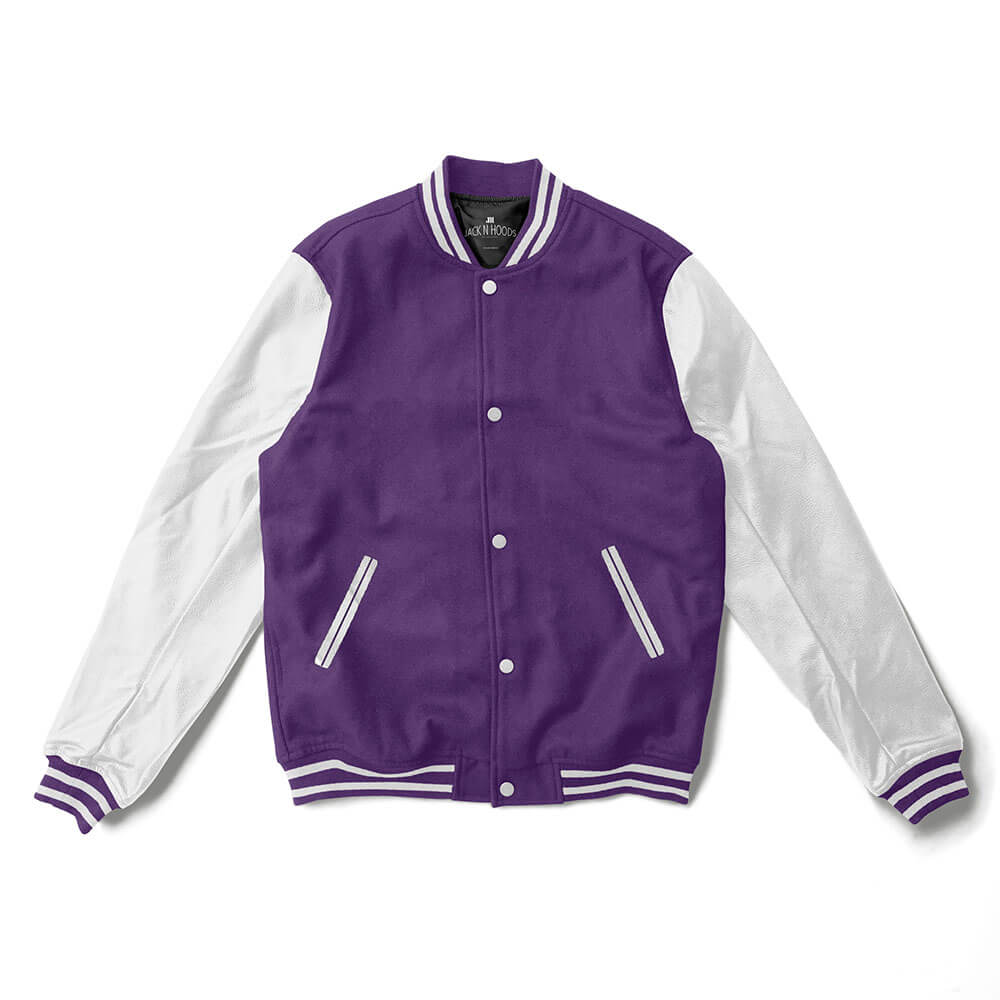 Purple Varsity Jacket White Leather Sleeves White Stripes - Jack N ...