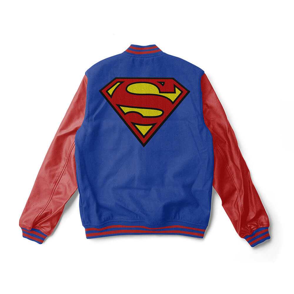 Superman Varsity Jacket Blue Wool And Red Leather Sleeves Super Heroes Varsity Jack N Hoods