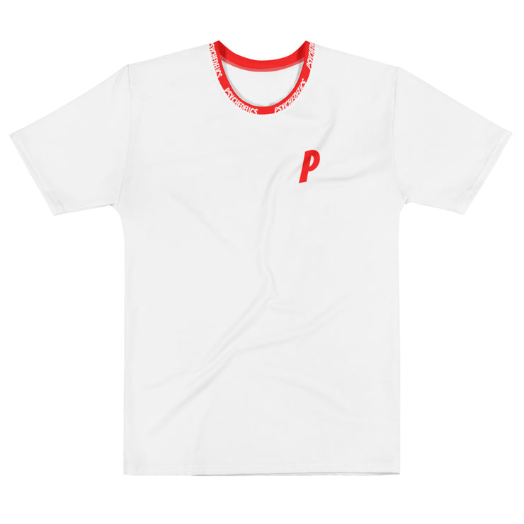 white t shirt with red collar