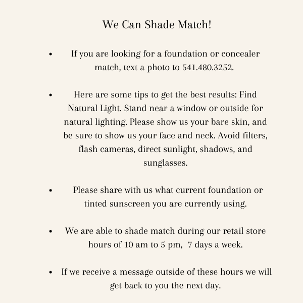 Text on a document describing instructions for sending photos for a Ilia Super Serum Skin Tint SPF 40 shade match, including tips on natural lighting and a contact phone number.
