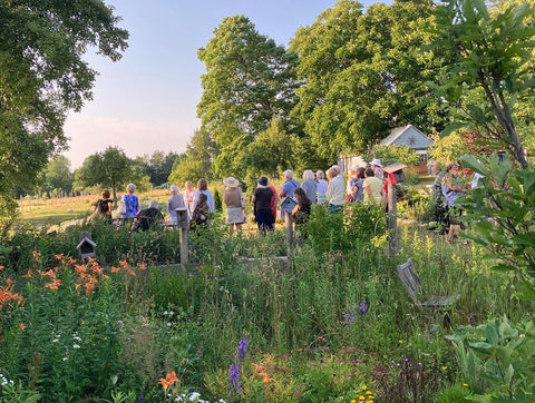 People gathered for a garden tour of Bayfield Lavender Farm.