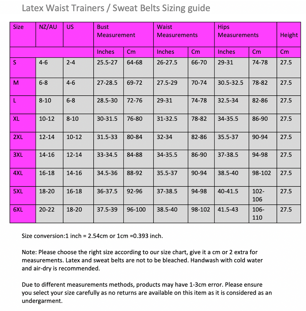 Size Chart – Slimstarrwaisttrainers