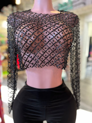 Sequin & Pearls Mesh Long Sleeve Top - Miami Sexy Closet