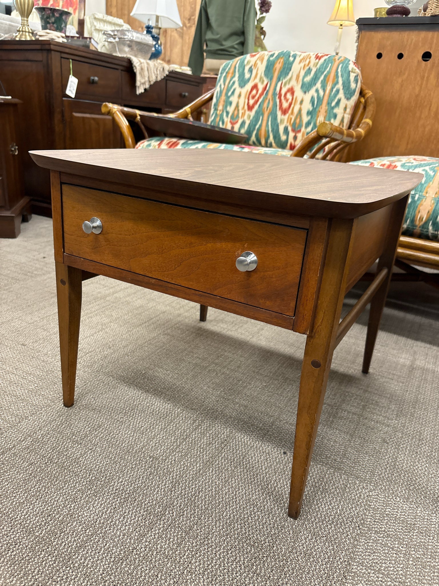 LANE, MCM, END TABLES, CHERRY WOOD w/ LAMINATE TOP, ONE DRAWER