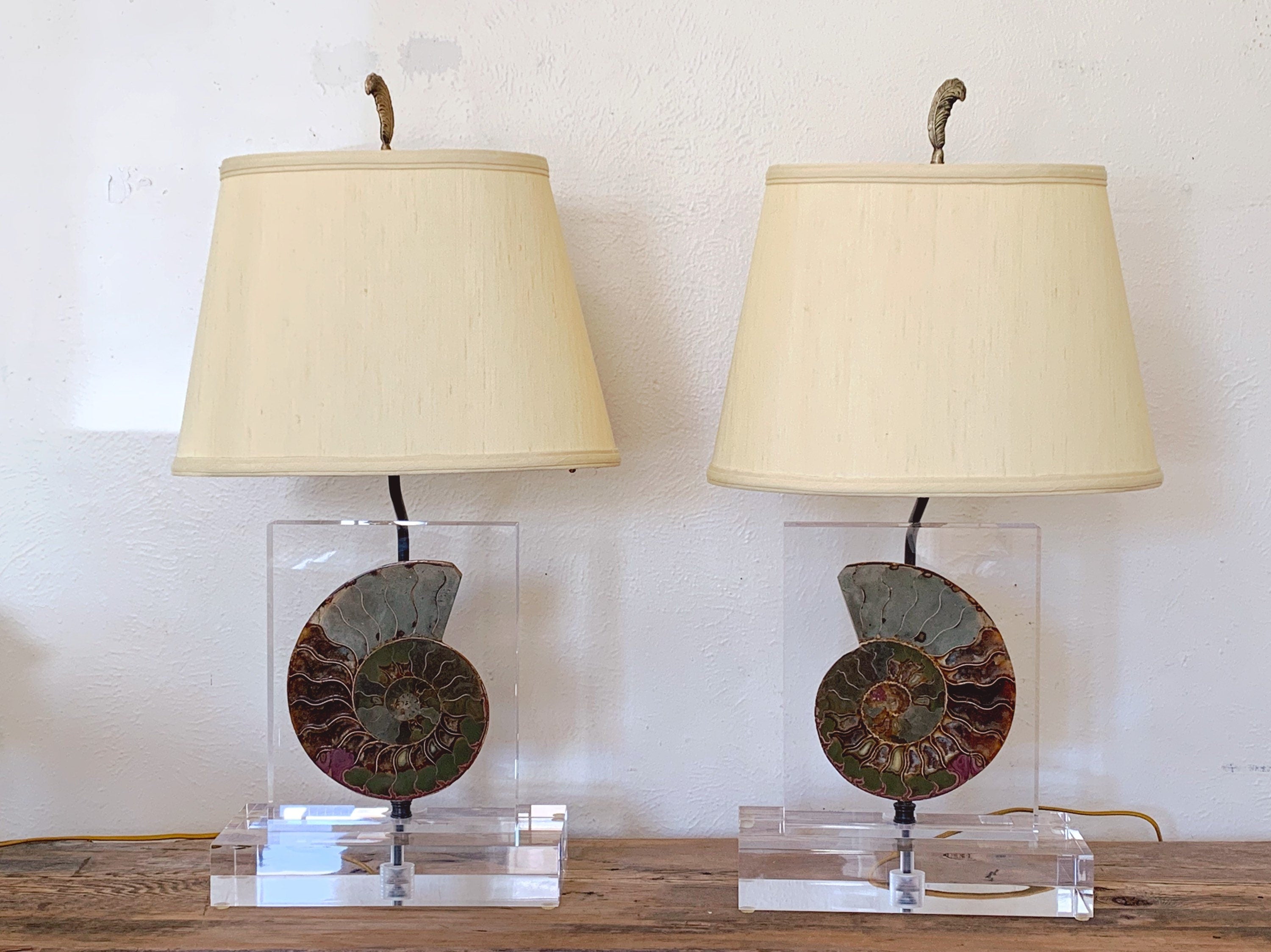 Pair of Vintage Mounted Ammonite Lucite Table Lamps | 1970s Geometric –  Urban Nomad NYC