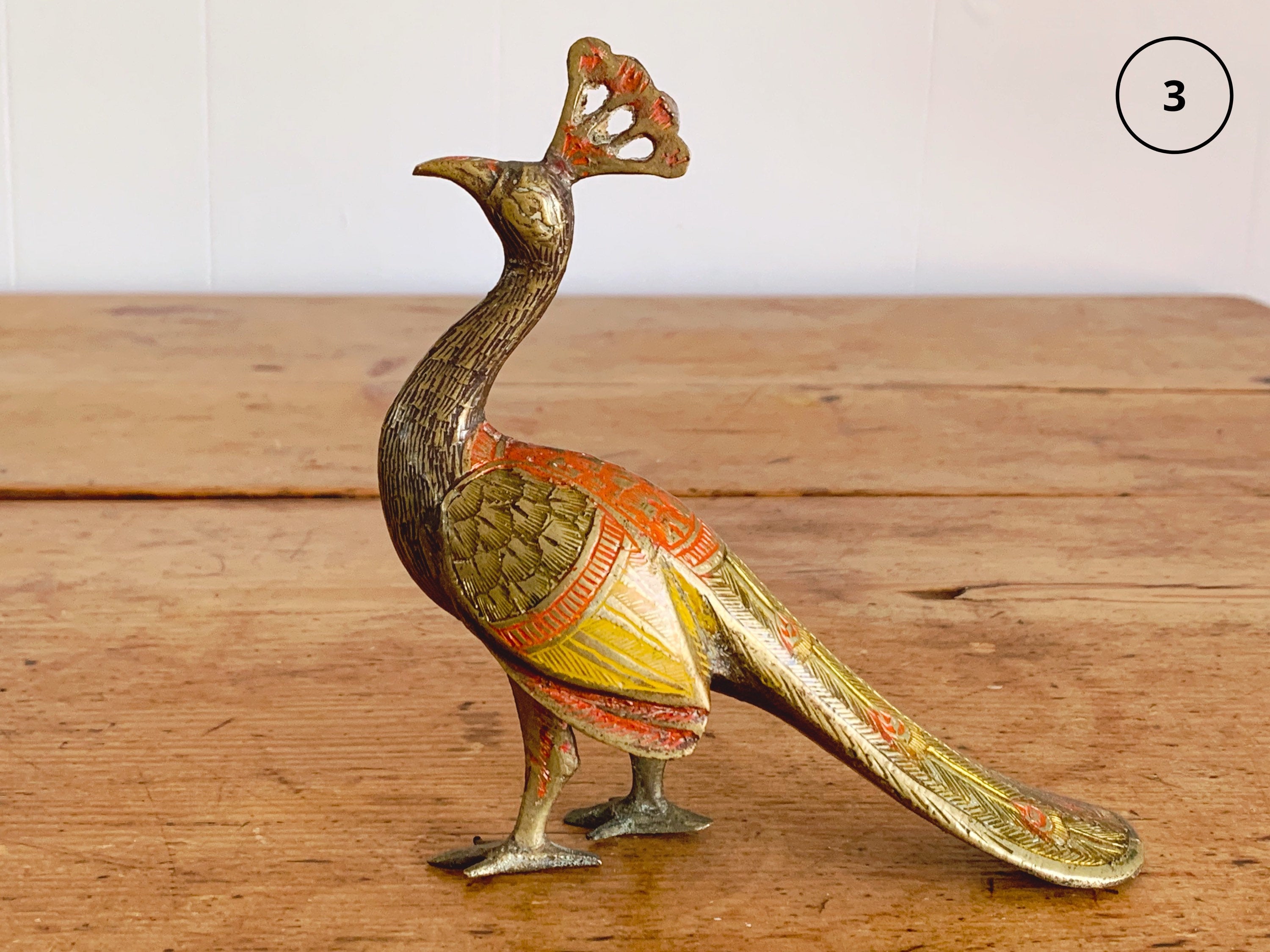 Vintage Mid Century India Cast Brass Hand Incised Color Peacocks Bird Figurine | Highly Decorative Unique Boho Home Decor
