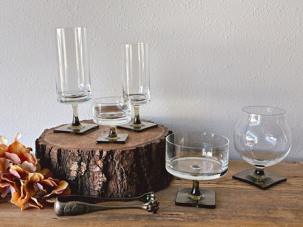 4 Smoke Gray Crystal Champagne Coupes, Danish Modern Square Bowl