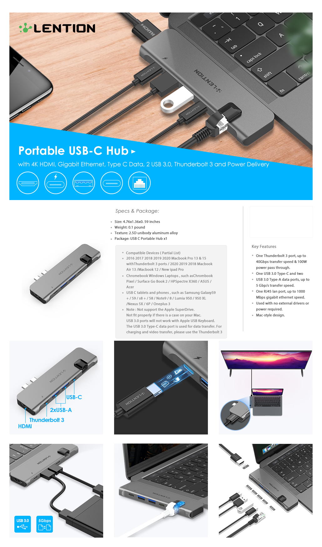 LENTION USB C Portable Hub with Gigabit Ethernet