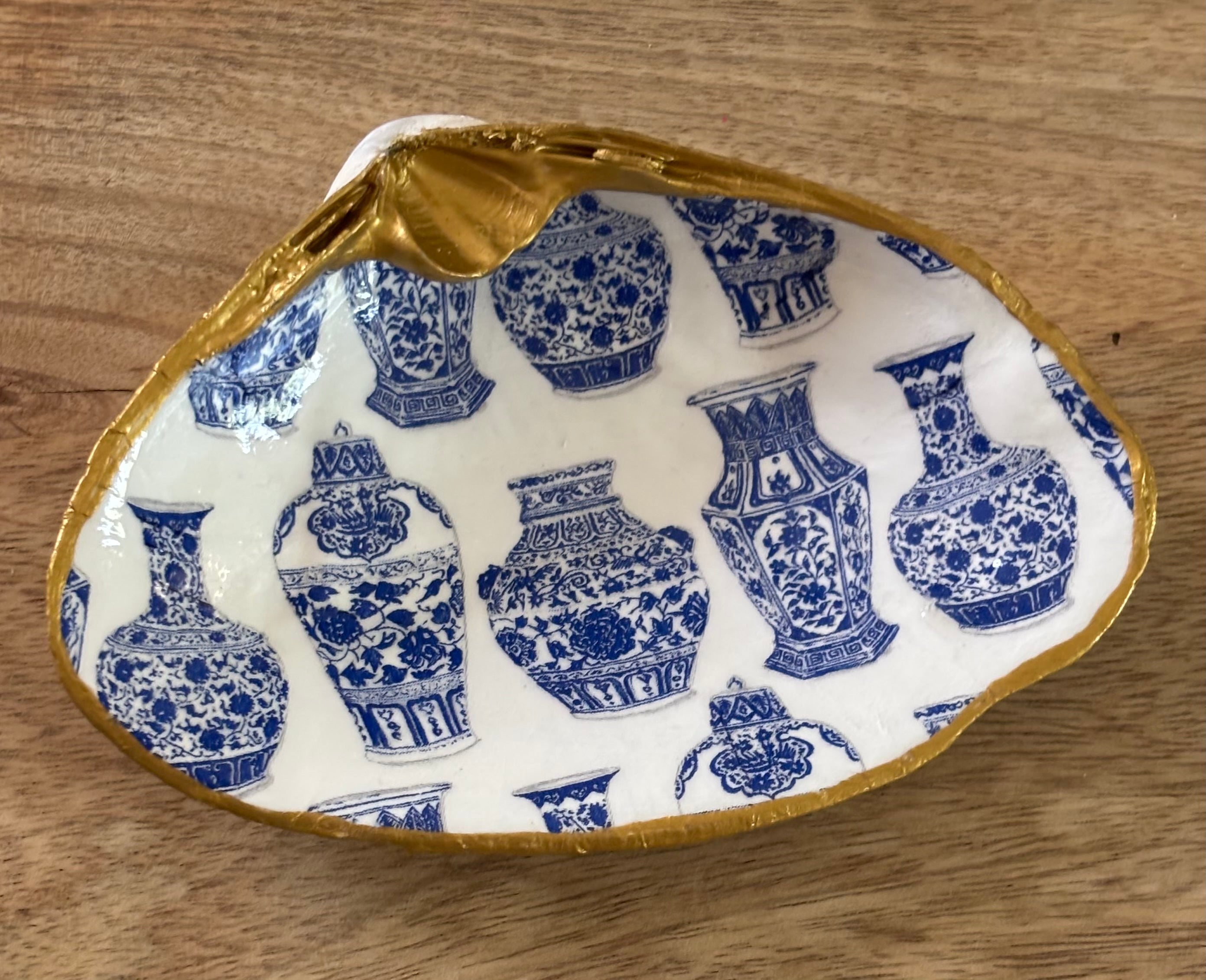 Decoupaged X-Large Clam Shell Jewelry/Trinket Dish (Blue Vases)