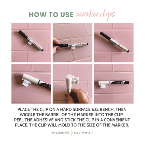 Images showing how to insert a marker into a plastic marker clip