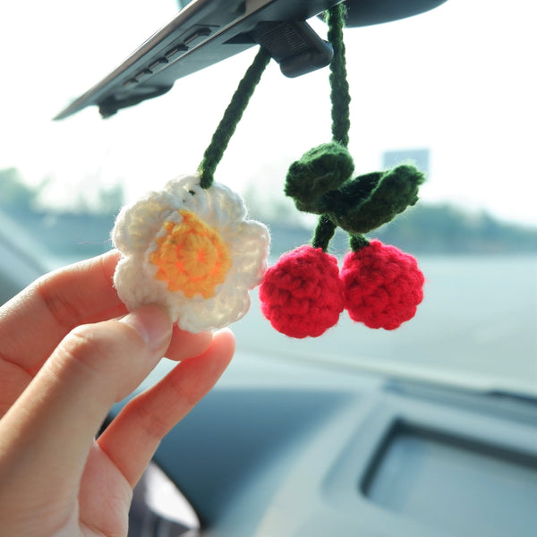 Kawaii Waffle Flower Car Mirror Hanging Accessories, Crochet