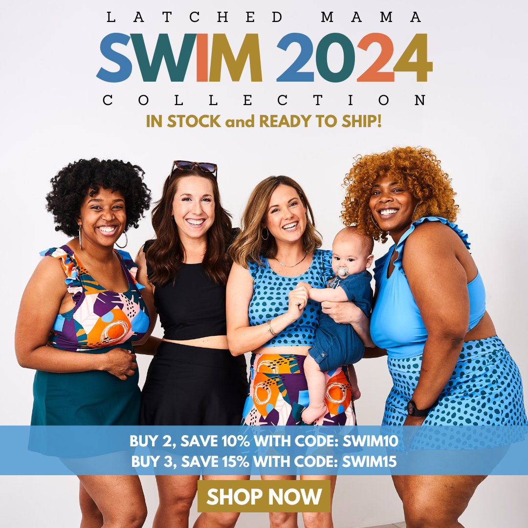 Four smiling women in swimwear with a baby, promoting Latched Mama swimwear collection.