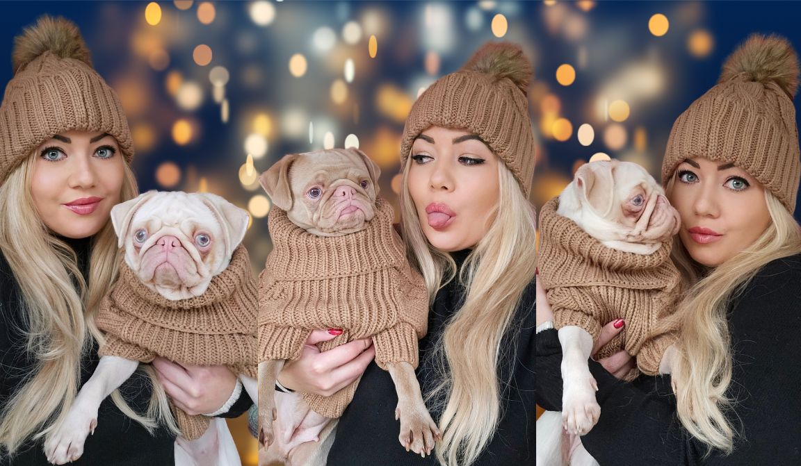 Pink Pug wearing a camel coloured cable knit sweater being held by her mom who is wearing a matching camel coloured bobble hat