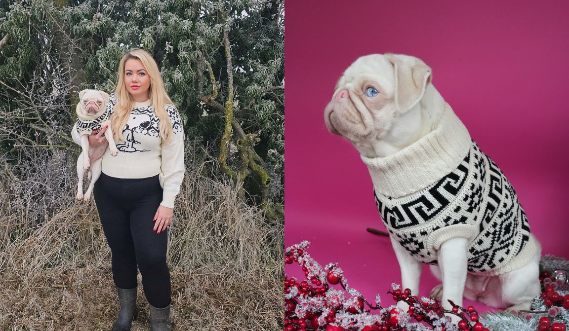 On the Left a Pug mom wearing a cream and black jaquard jumper, on the right her pink pug wearing the matching sweater