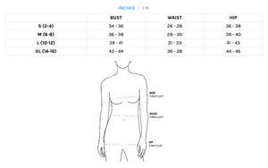 Sizing chart for ALVY's ethical fair trade clothing