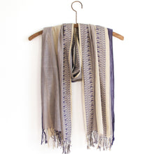 Load image into Gallery viewer, Mojave Moonlight Bengal Border Scarf: Soft, lightweight 100% cotton handloomed scarf in desert and indigo color, featuring a Bengali jacquard border; woven by artisans at a fair trade cooperative in West Bengal, India.
