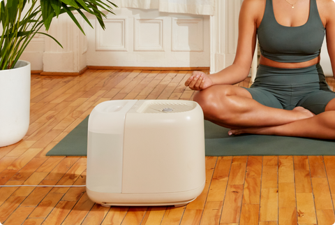 Woman doing yoga next to Canopy Humidifier Plus