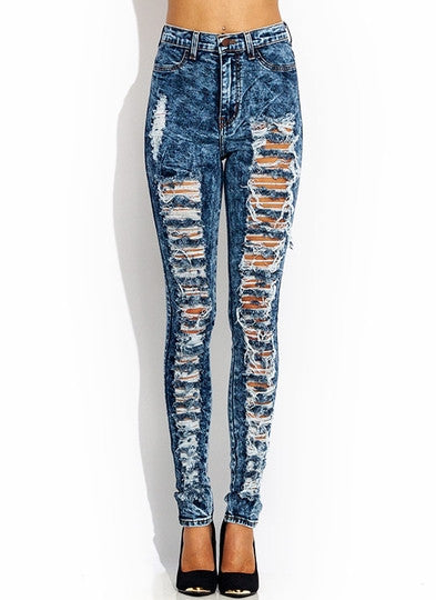 high waisted shredded jeans