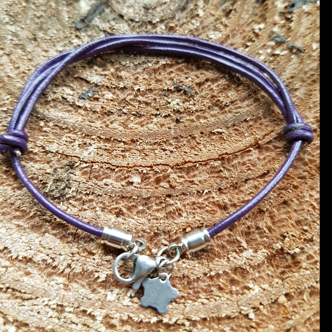 Dark purple leather and stainless steel solid star bracelet - Callibeau Jewellery