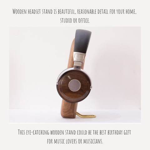 Wooden headphone stand for desk. Handcrafted from solid walnut or beech wood. Modern and unique design.