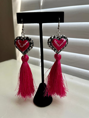 Embroidery Heart Tassel Earrings