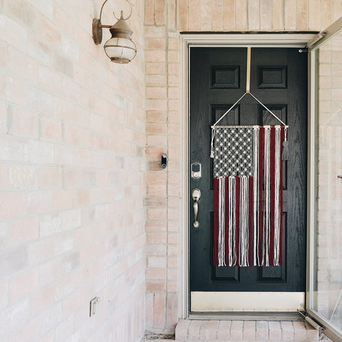 decorative flag on black front door; Large American Flag; door flag