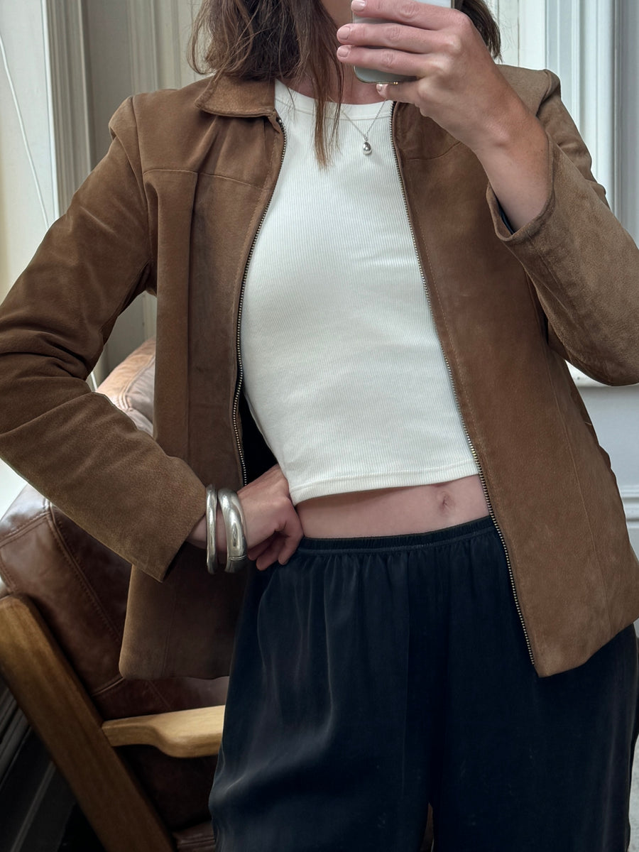 Vintage Tan Leather Zip Front Jacket