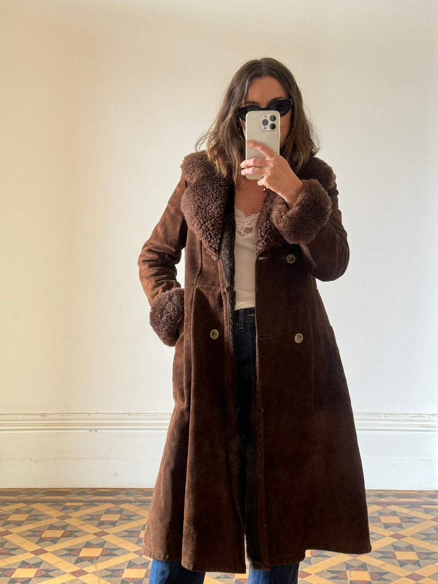 Vintage Suede Leather and Shearling Coat Chocolate Brown