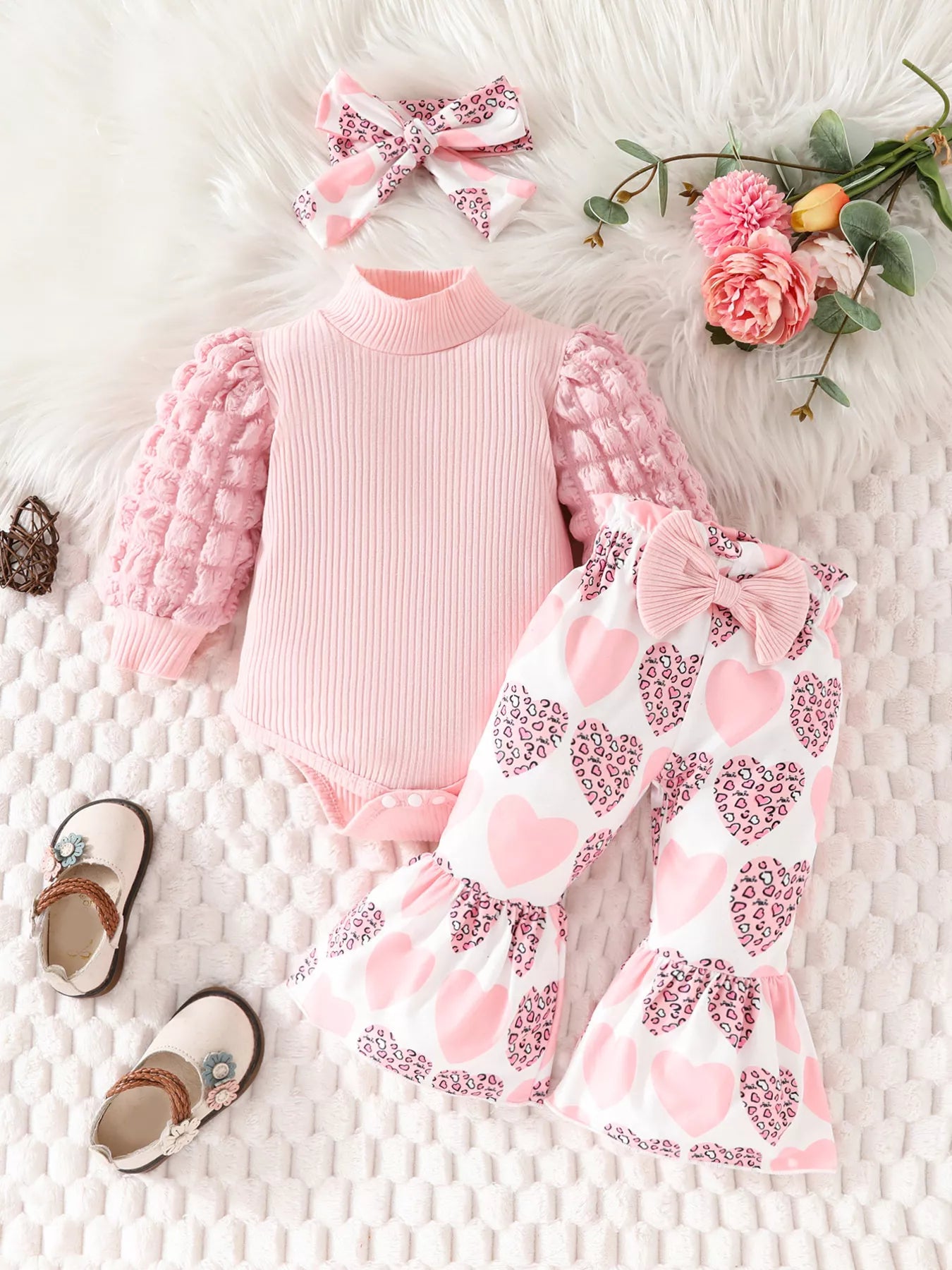 Bubble Texture Long Sleeve Top and Pants Set with Headband