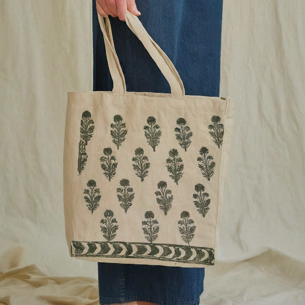 block printed tote bag