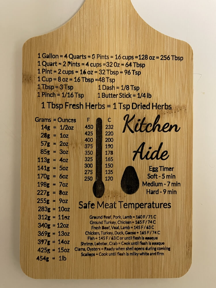 engraved cutting board with kitchen measuring conversion