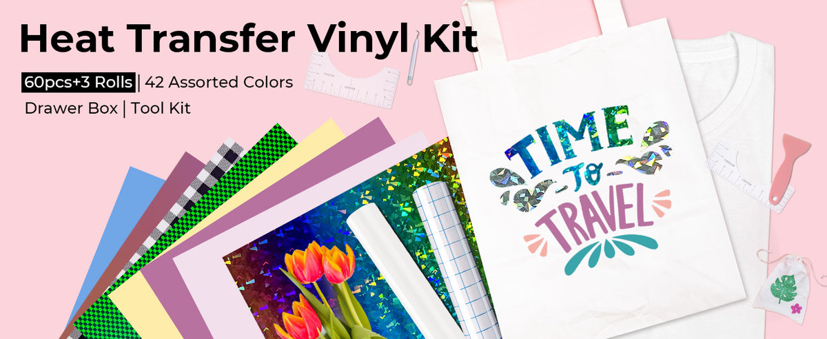  xTool Heat Transfer Vinyl Bundle - 11 Styles & 40 Colors Iron  On Vinyl with Weeding Tool & Ruler Guide, 60 Sheets HTV Heat Transfer Vinyl  for T-shirts, Patterned Glitter HTV