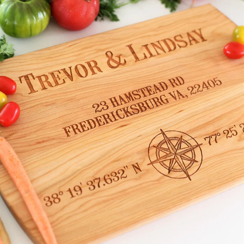 cutting board engraved with coordinates
