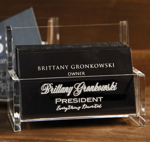 personalized office gifts: engraved acrylic desk business card holders